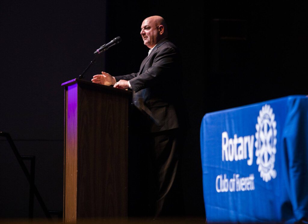 Everett Public Schools Superintendent Ian Saltzman speaks at the Rotary Club of Everett Awards on Monday, May 22, 2023 in Everett, Washington. (Olivia Vanni / The Herald)
