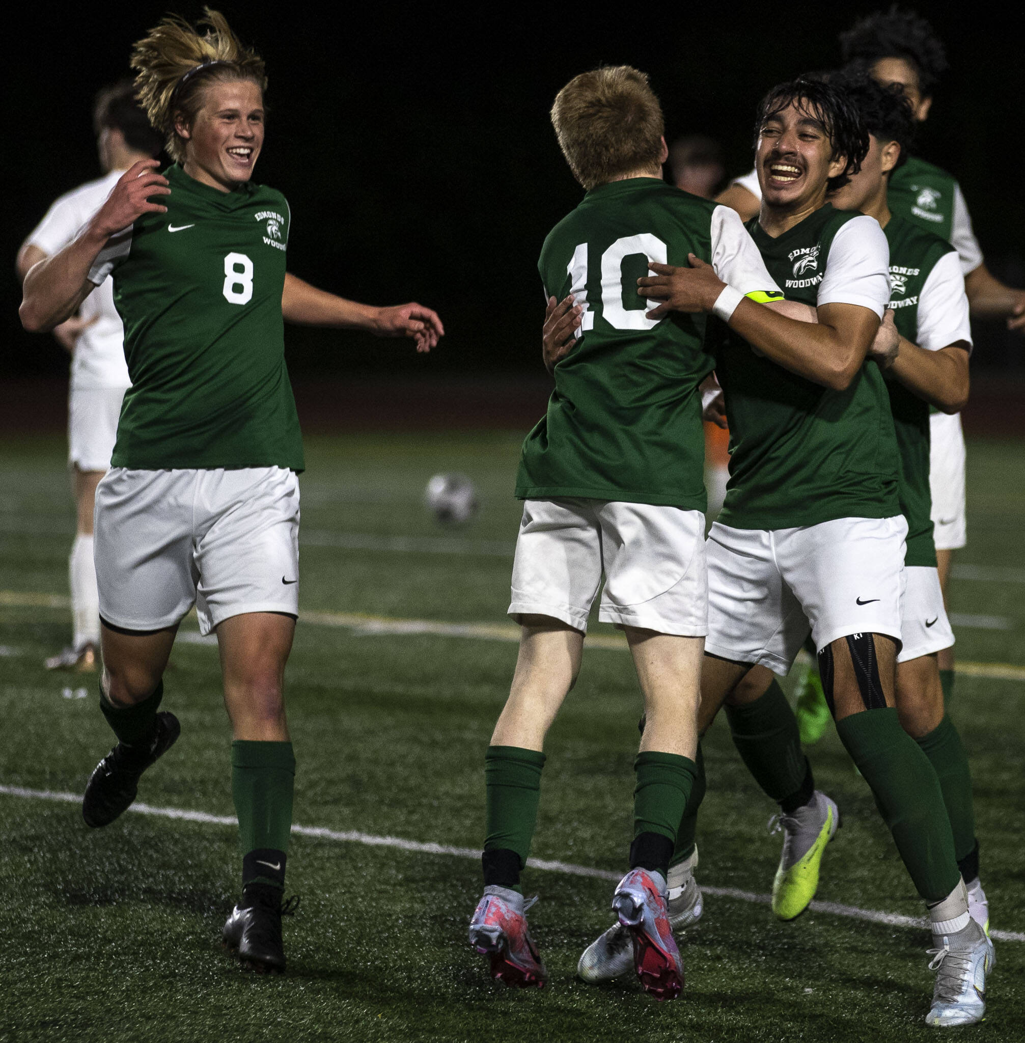 Edmonds-Woodway players celebrate during a game between Edmonds-Woodway and Mead at Edmonds-Wooday High School in Edmonds, Washington on Friday, May 19, 2023. Edmonds-Woodway won, 2-0. (Annie Barker / The Herald)