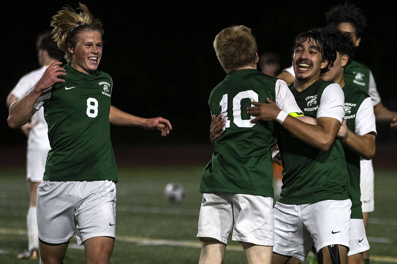 Edmonds-Woodway players celebrate during a game between Edmonds-Woodway and Mead at Edmonds-Wooday High School in Edmonds, Washington on Friday, May 19, 2023. Edmonds-Woodway won, 2-0. (Annie Barker / The Herald)
