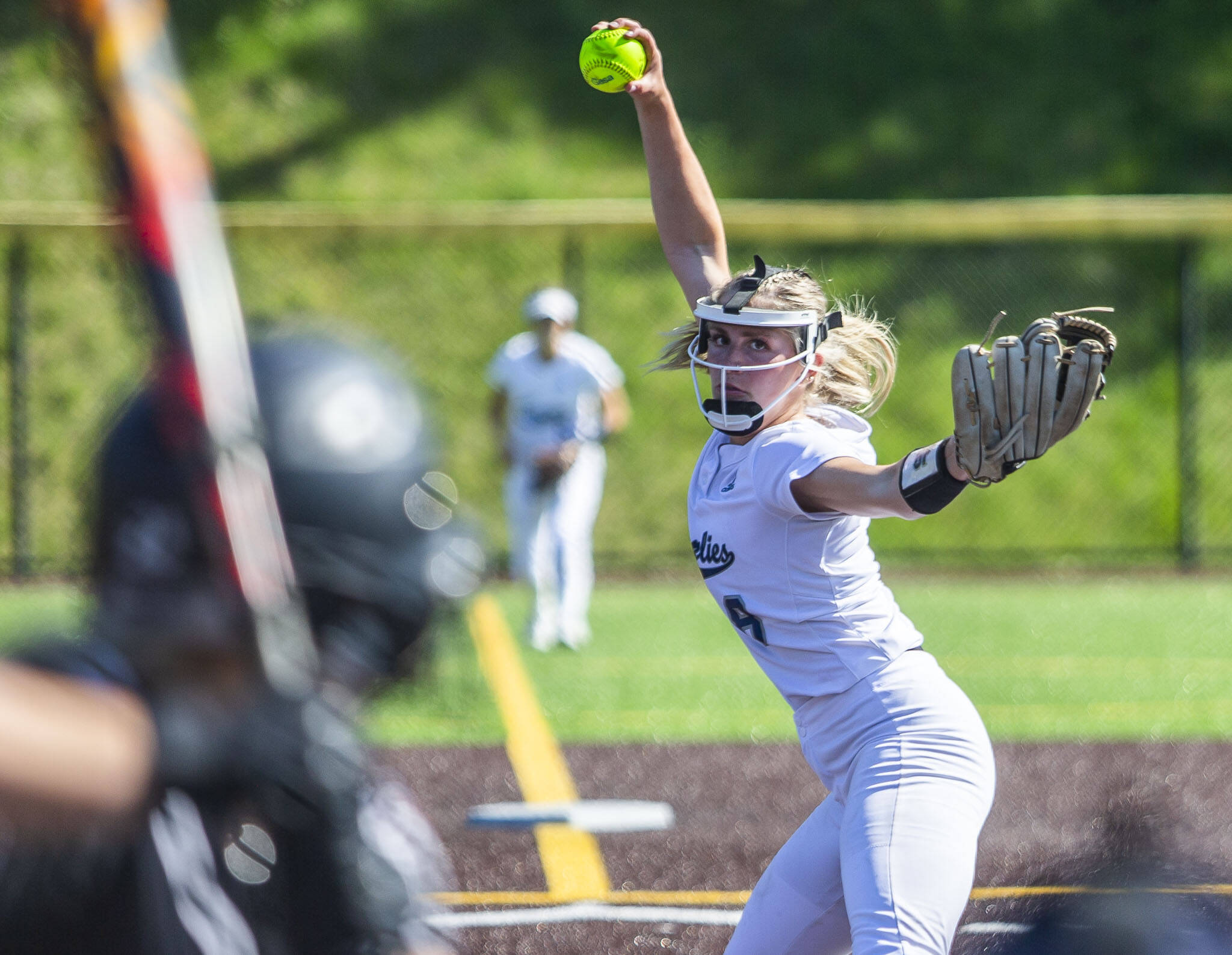 Glaicer Peak’s Faith Jordan pitches during the game against Eastlake on Friday, May 19, 2023 in Everett, Washington. (Olivia Vanni / The Herald)