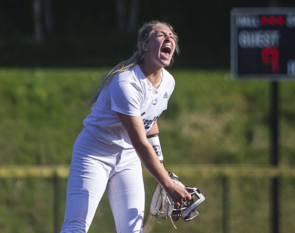 Glaicer Peak’s Faith Jordan reacts to getting the final out to beat Eastlake on Friday, May 19, 2023 in Everett, Washington. (Olivia Vanni / The Herald)
