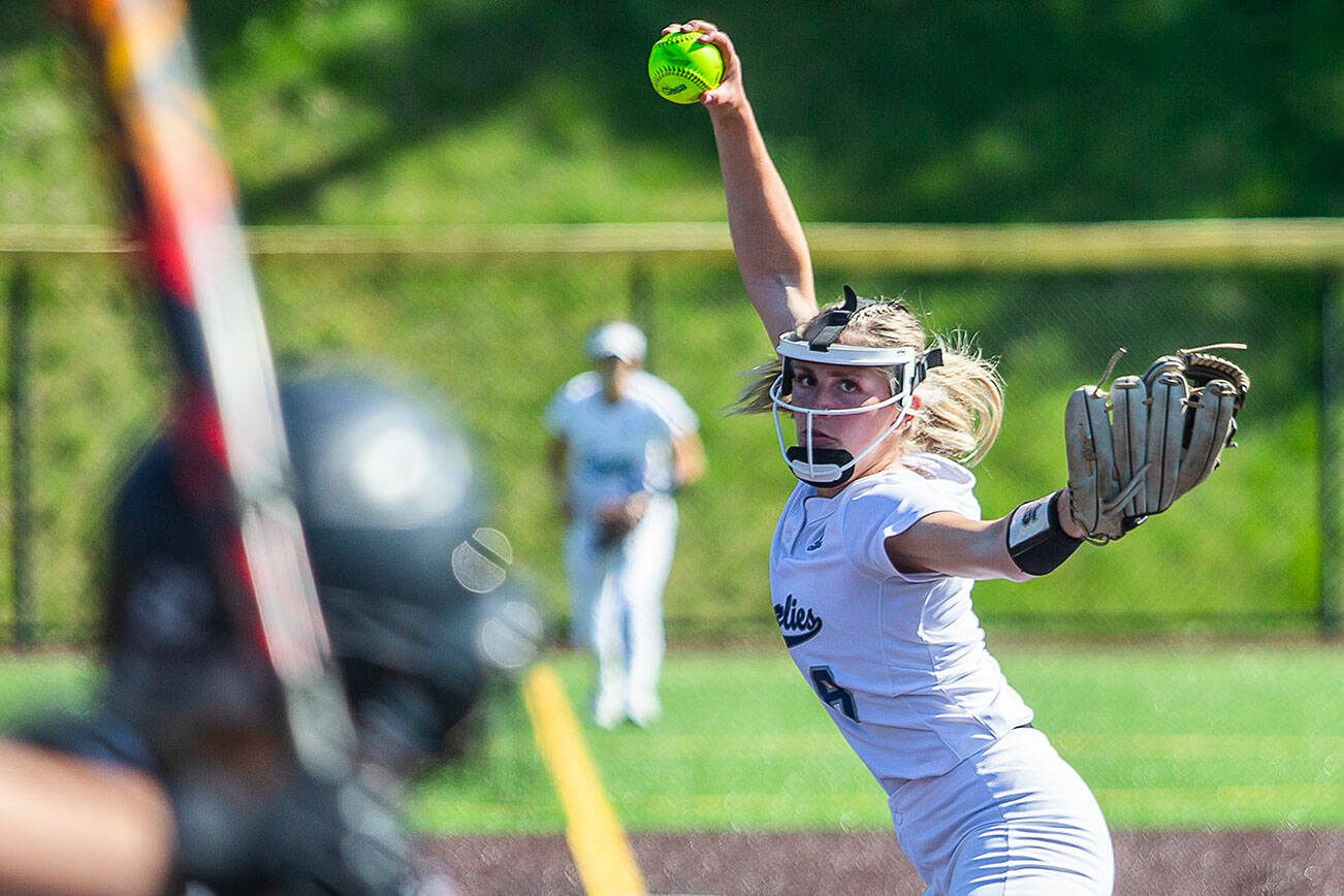 Glaicer Peak’s Faith Jordan pitches during the game against Eastlake on Friday, May 19, 2023 in Everett, Washington. (Olivia Vanni / The Herald)