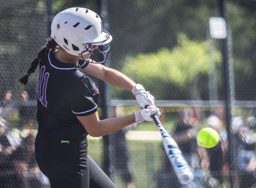 Kamiak’s Tyler Karabach hits the ball during the game against Skyline on Friday, May 19, 2023 in Everett, Washington. (Olivia Vanni / The Herald)
