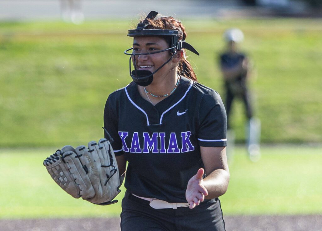 Kamiak’s Synclair Mawudeku smiles after getting the final out to beat Skyline on Friday, May 19, 2023 in Everett, Washington. (Olivia Vanni / The Herald)
