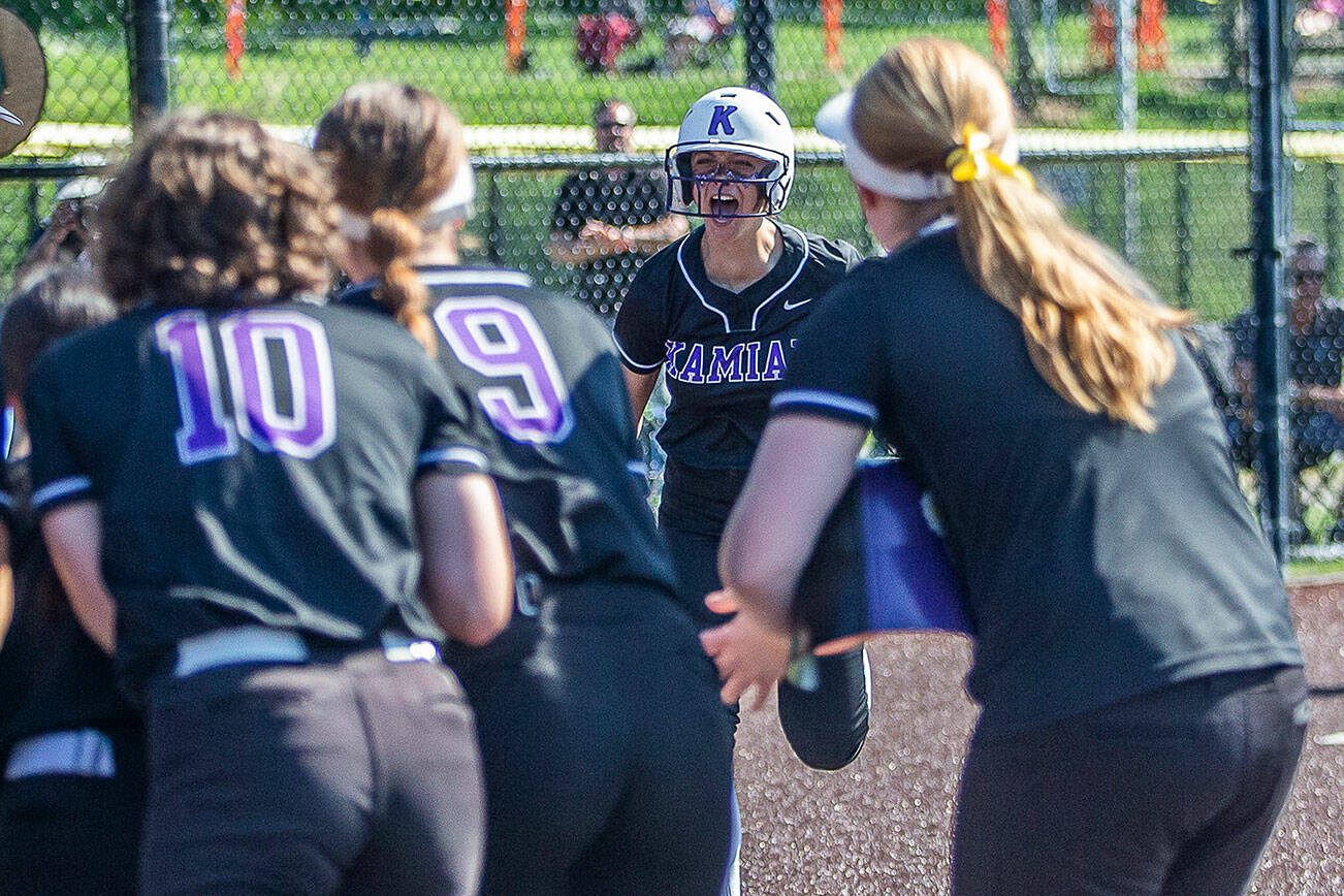 Kamiak’s Tyler Karabach runs home after hitting a homer during the game against Skyline on Friday, May 19, 2023 in Everett, Washington. (Olivia Vanni / The Herald)