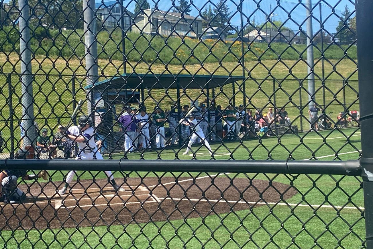 An Edmonds-Woodway hitter bats during a 3A state second-round game against Southridge on Saturday, May 20, 2023, at the Southwest Athletic Complex in Seattle. (Evan Wiederspohn / The Herald)