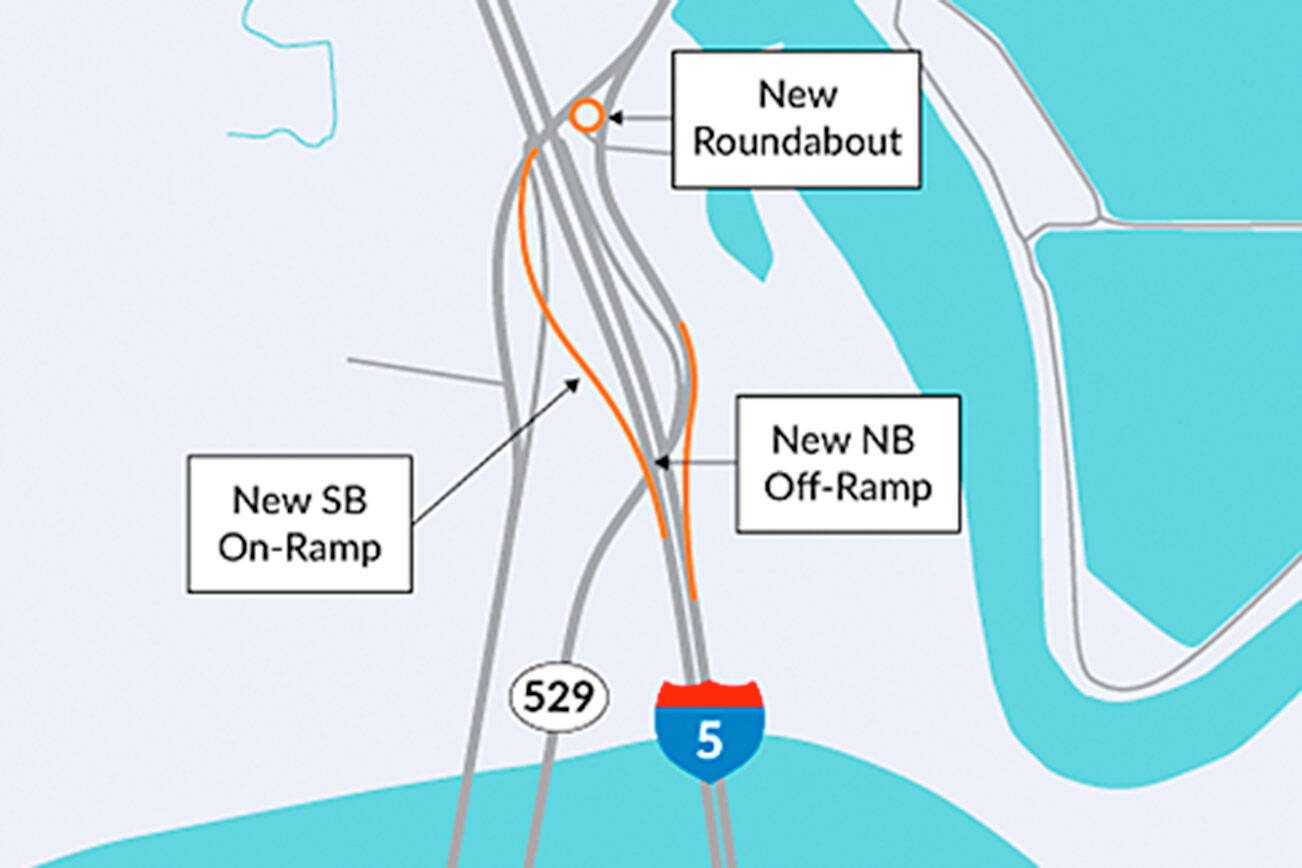 The Highway 529/I-5 interchange project includes a northbound ramp from the freeway onto the highway into Marysville, and a southbound ramp from the highway to the interstate. The southbound ramp could be delayed. (Washington State Department of Transportation)