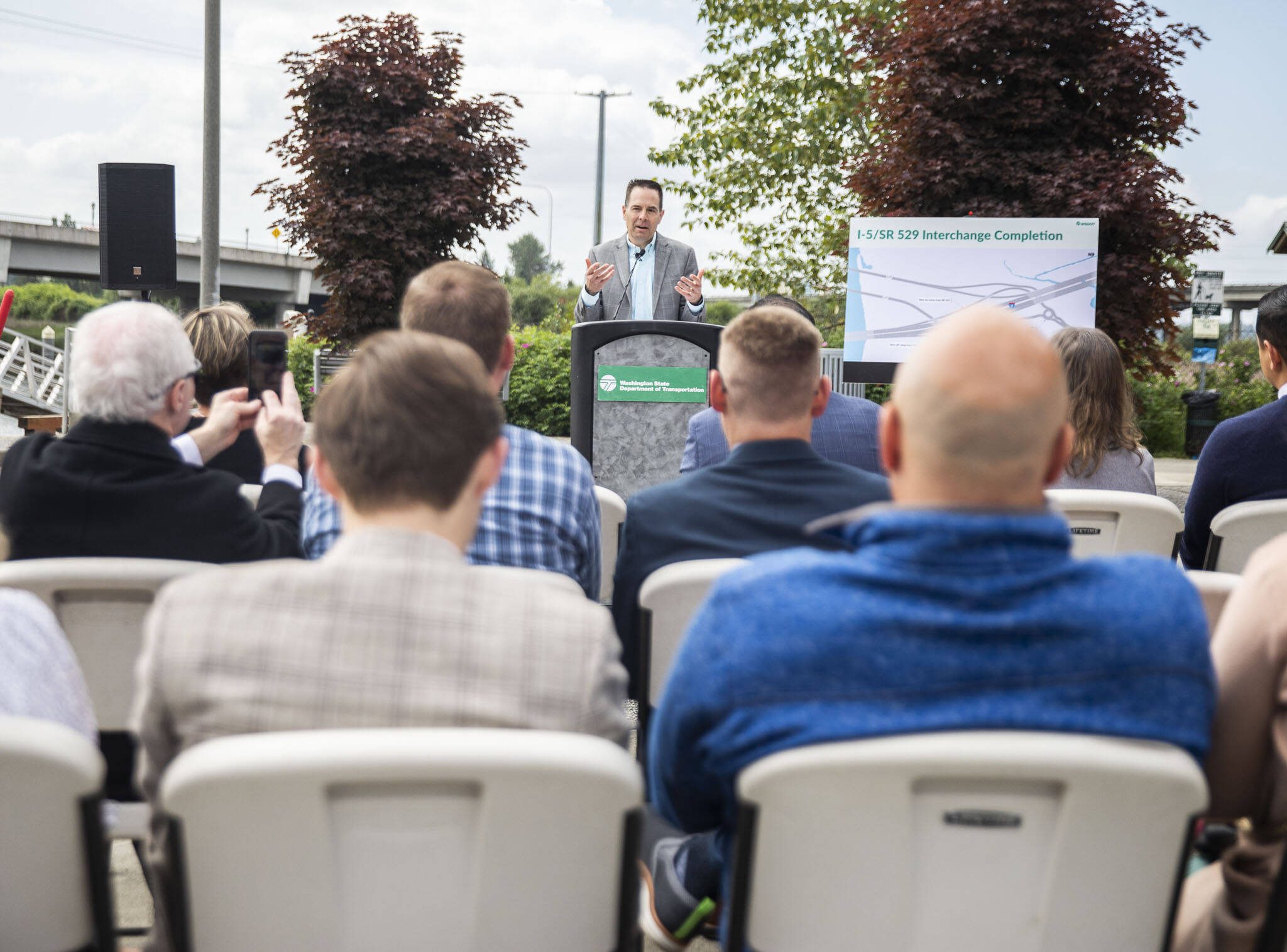 Marysville Mayor Jon Nehring speaks at the groundbreaking event for the I-5/SR 529 Interchange project on Tuesday, May 23, 2023 in Marysville, Washington. (Olivia Vanni / The Herald)