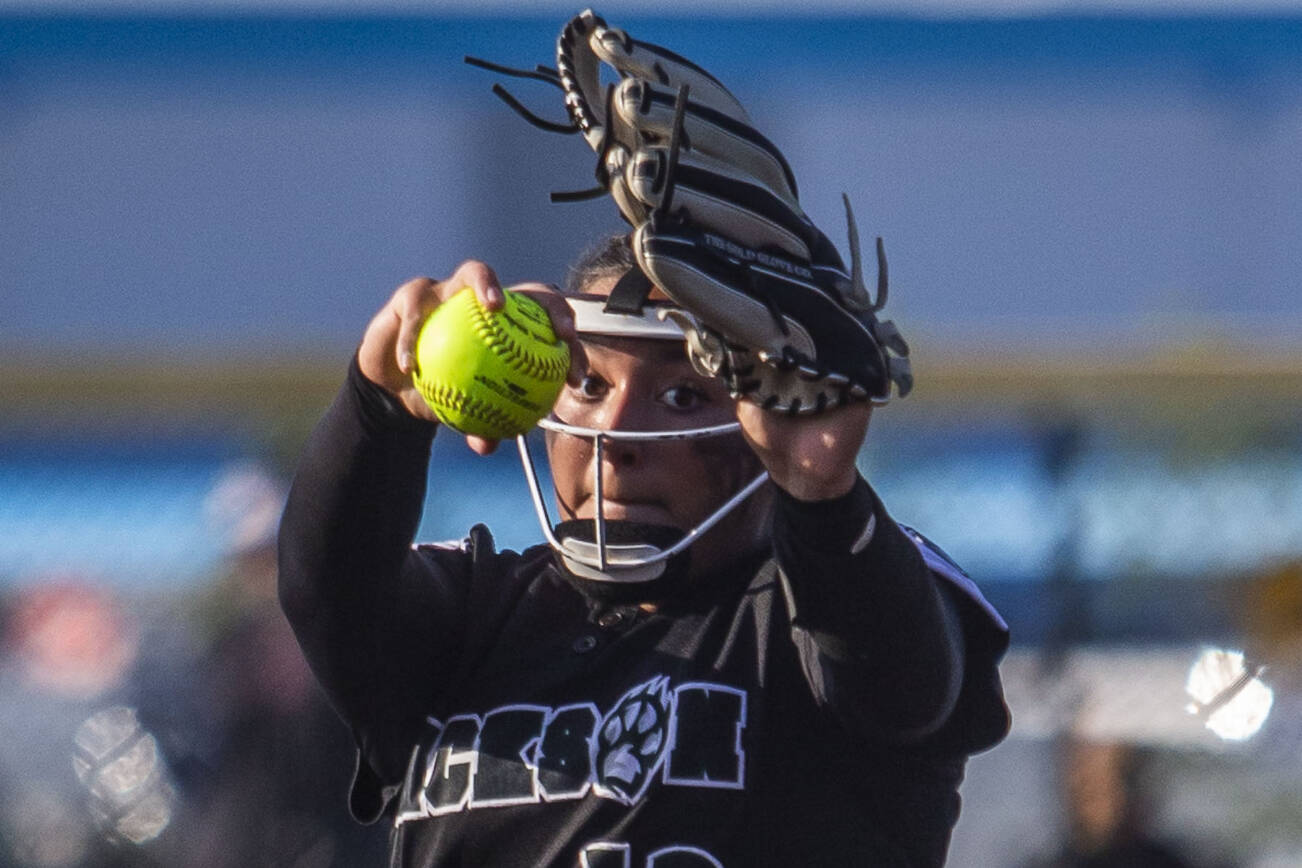 Jackson’s Yanina Sherwood pitches during the game against Bothell on Friday, May 19, 2023 in Everett, Washington. (Olivia Vanni / The Herald)