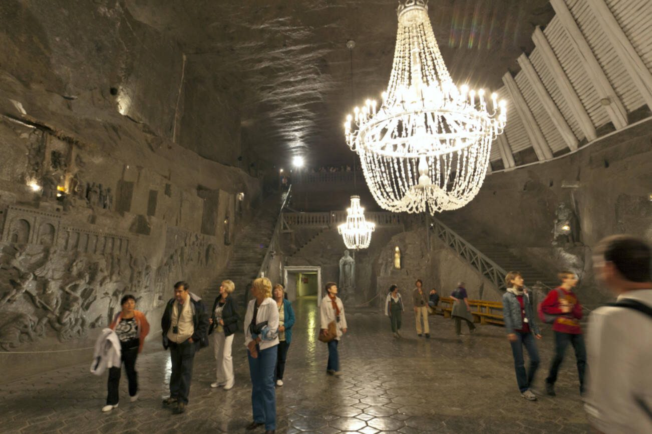 Just outside KrakÃ³w, the Wieliczka Salt Mine is filled with salt sculptures â€“ and tourists.