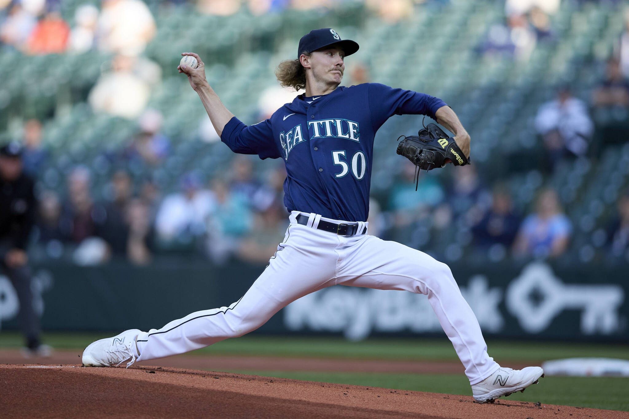 Mariners starting pitcher Bryce Miller throws to an Athletics batter during the first inning of a game Wednesday in Seattle. (AP Photo/John Froschauer)