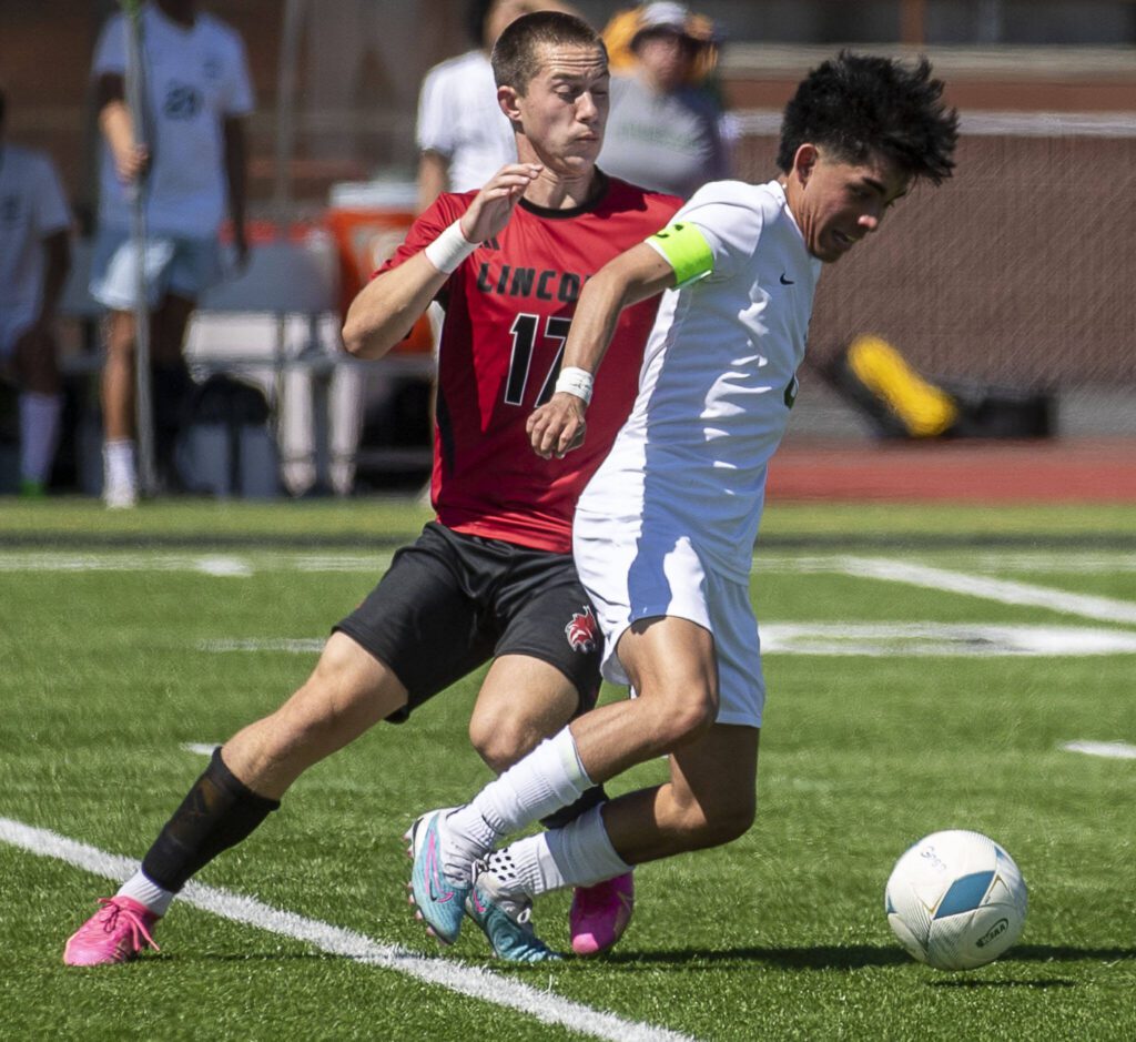 Edmonds-Woodway’s Edgar Cabrera (6) trips during a game between Edmonds-Woodway and Lincoln of Seattle at Sparks Stadium in Puyallup, Washington on Friday, May 26, 2023. Edmonds-Woodway lost, 6-1. (Annie Barker / The Herald)
