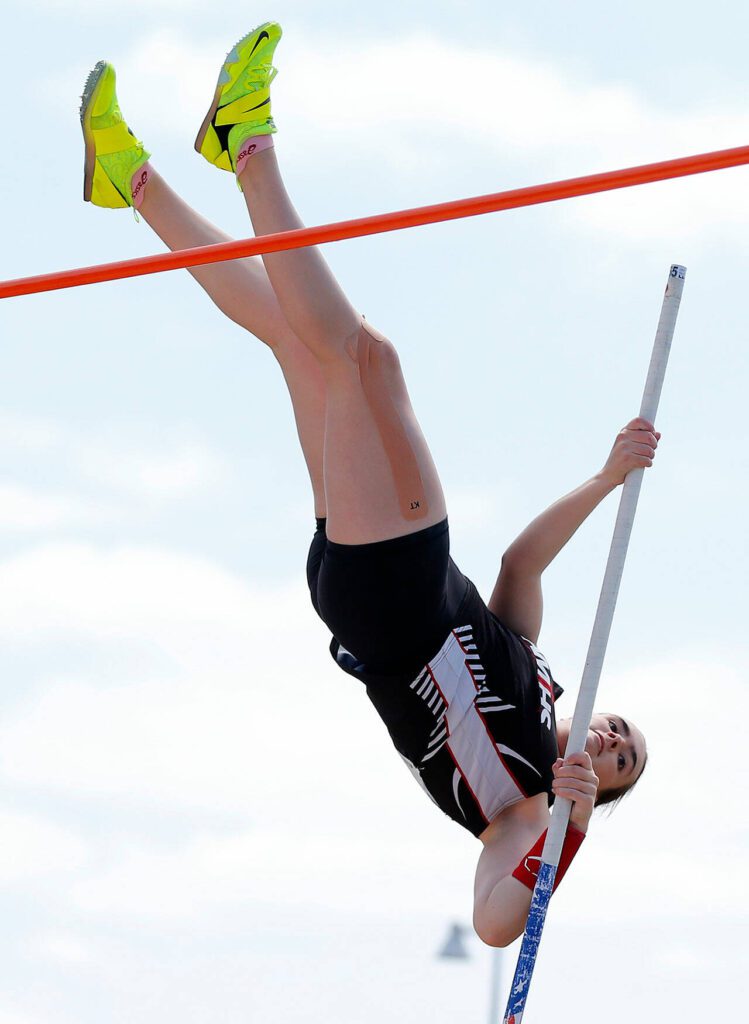 Archbishop Murphy senior Anna Moeller tries to fight for first place in the 2A girls pole vault during the WIAA State Track and Field Championships on Saturday, May 27, 2023, at Mount Tahoma High School in Tacoma, Washington. Mueller claimed second place in state. (Ryan Berry / The Herald)
