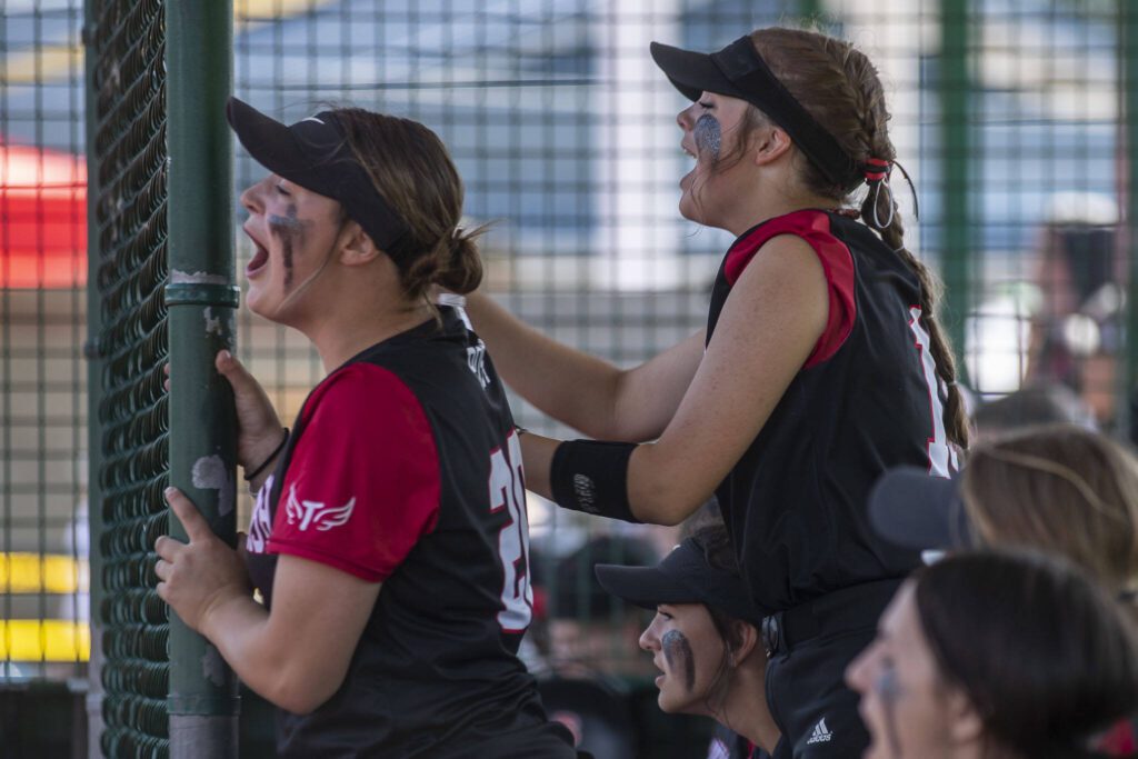 Snohomish players cheer during the 3A softball championship game between Snohomish and Peninsula at the Lacey-Thurston County Regional Athletic Complex in Olympia, Washington on Saturday, May 27, 2023. Snohomish lost, 4-1. (Annie Barker / The Herald)
