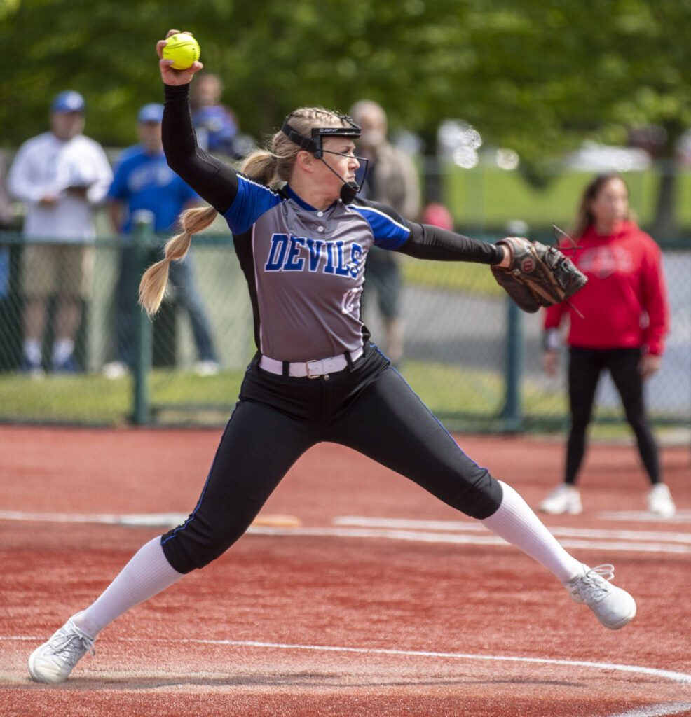 Walla Walla’s Zoe Hardy (12) pitches during a game between Snohomish and Walla Walla at the Lacey-Thurston County Regional Athletic Complex in Olympia, Washington on Saturday, May 27, 2023. Snohomish won, 7-3. (Annie Barker / The Herald)
