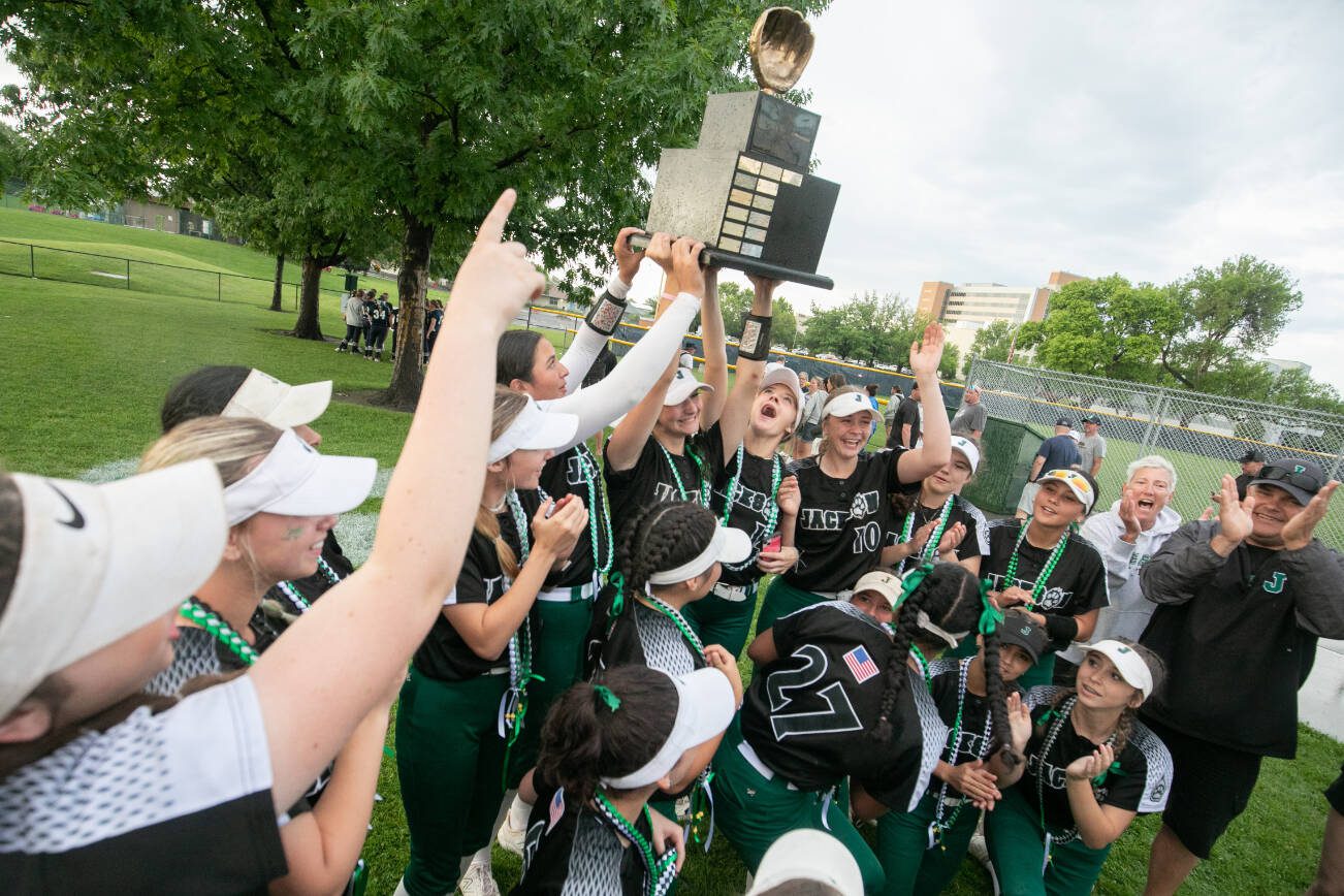 Jackson High School is awarded the 2023 WIAA class 4A softball championship trophy in Richland, Wash., on Sat., May 27. (TJ Mullinax/for The Herald)