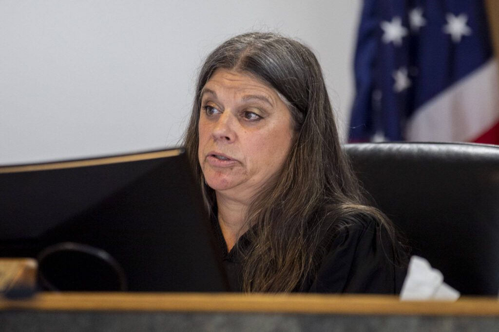 Judge Marybeth Dingledy speaks during the resentencing of Steven Eggers at Snohomish County Courthouse in Everett, Washington on Wednesday, May 31, 2023. (Annie Barker / The Herald)
