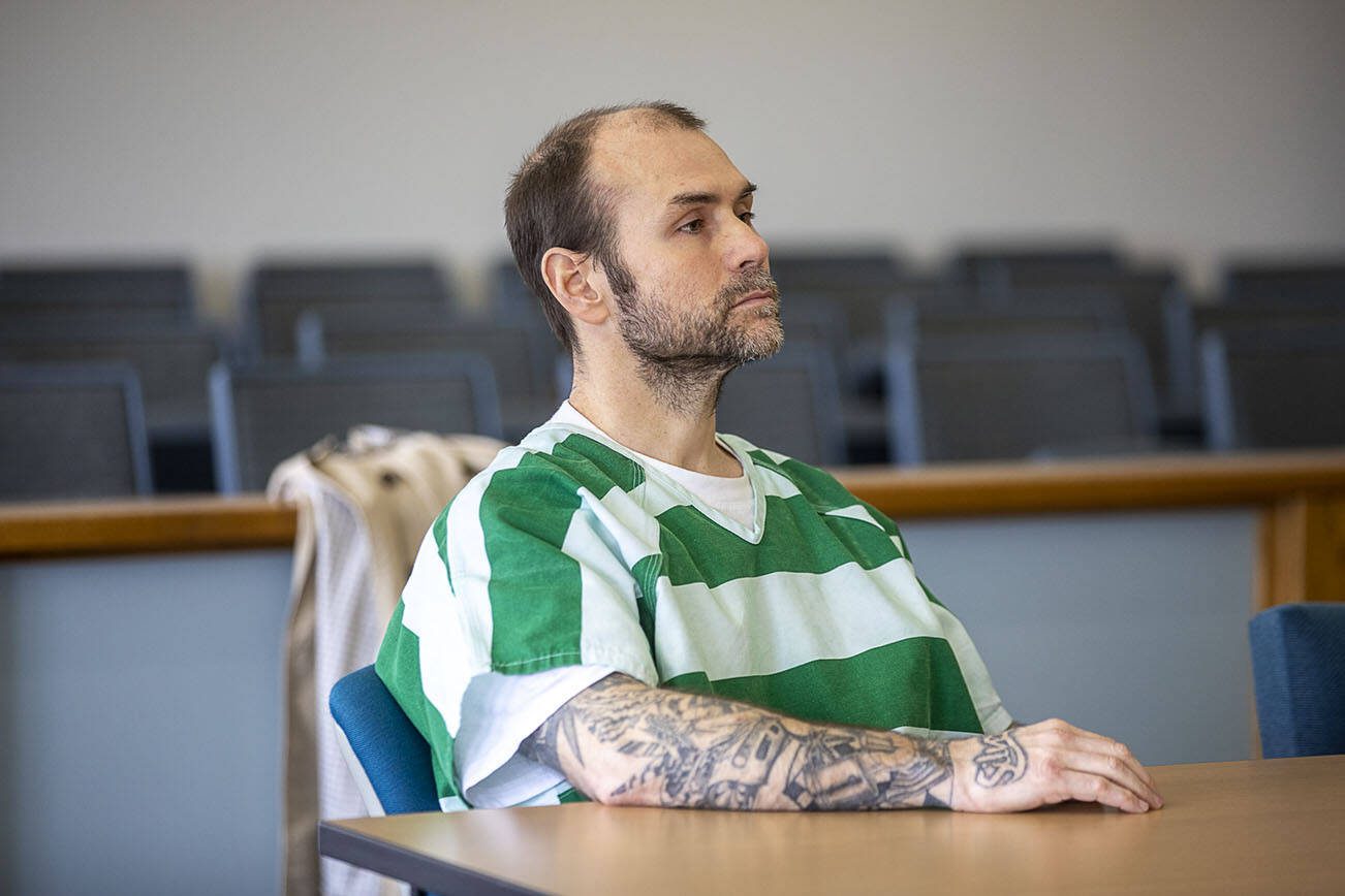 Steven Eggers listens during his resentencing at Snohomish County Courthouse in Everett, Washington on Wednesday, May 31, 2023. (Annie Barker / The Herald)