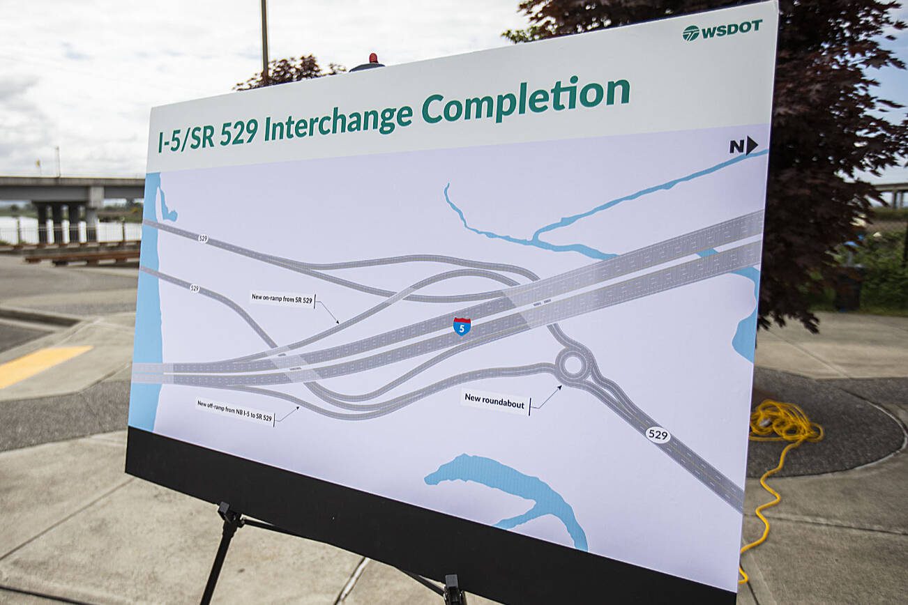 A map of the I-5/SR 529 Interchange project on Tuesday, May 23, 2023 in Marysville, Washington. (Olivia Vanni / The Herald)