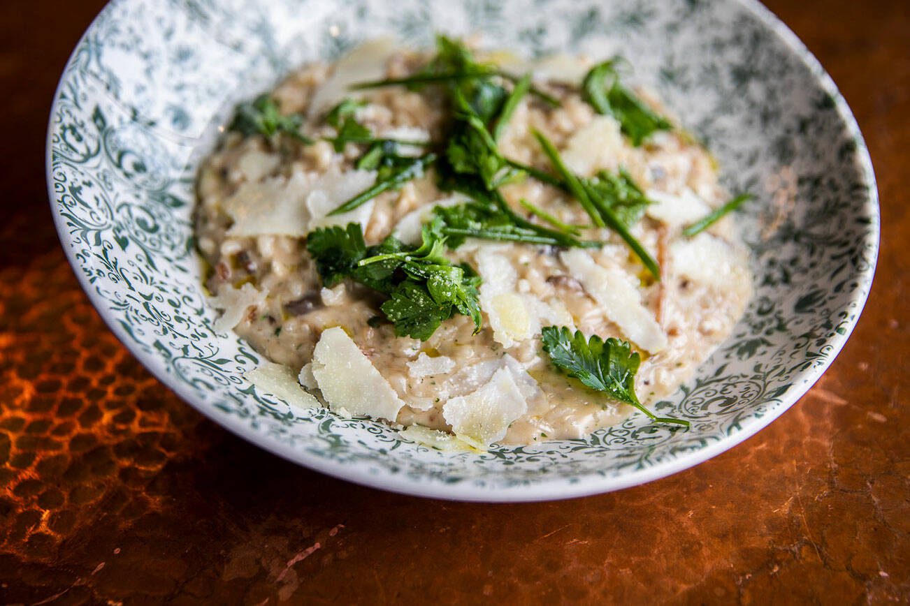 Fire and Feast’s mushroom risotto entree on Tuesday, April 4, 2023 in Edmonds, Washington. (Olivia Vanni / The Herald)