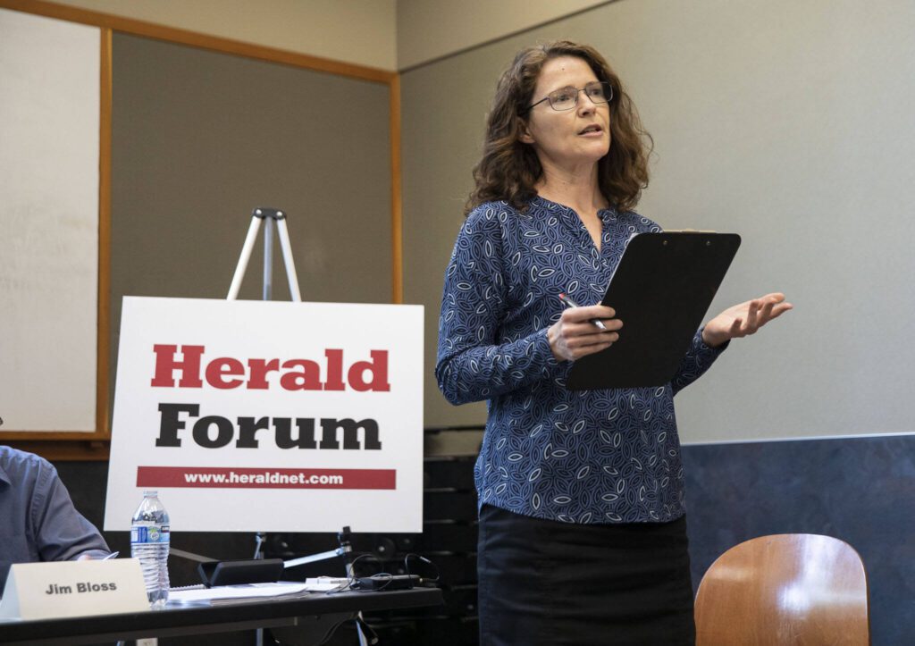 Everett Herald journalist Joy Borkholder leads the panel in discussion on Wednesday, May 31, 2023 in Snohomish, Washington. (Olivia Vanni / The Herald)
