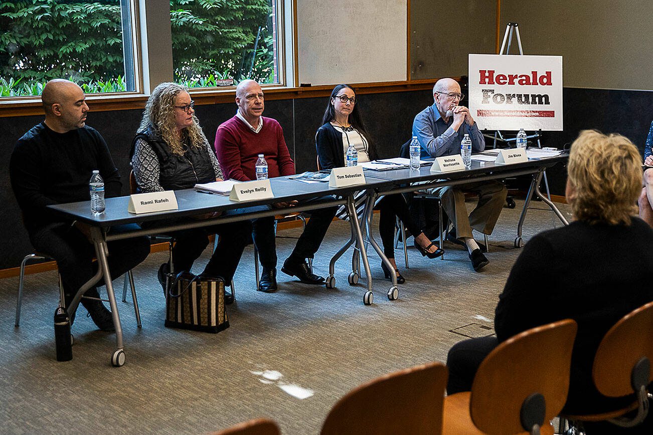 Panelists from different areas of mental health care speak at the Herald Forum about mental health care on Wednesday, May 31, 2023 in Snohomish, Washington. (Olivia Vanni / The Herald)