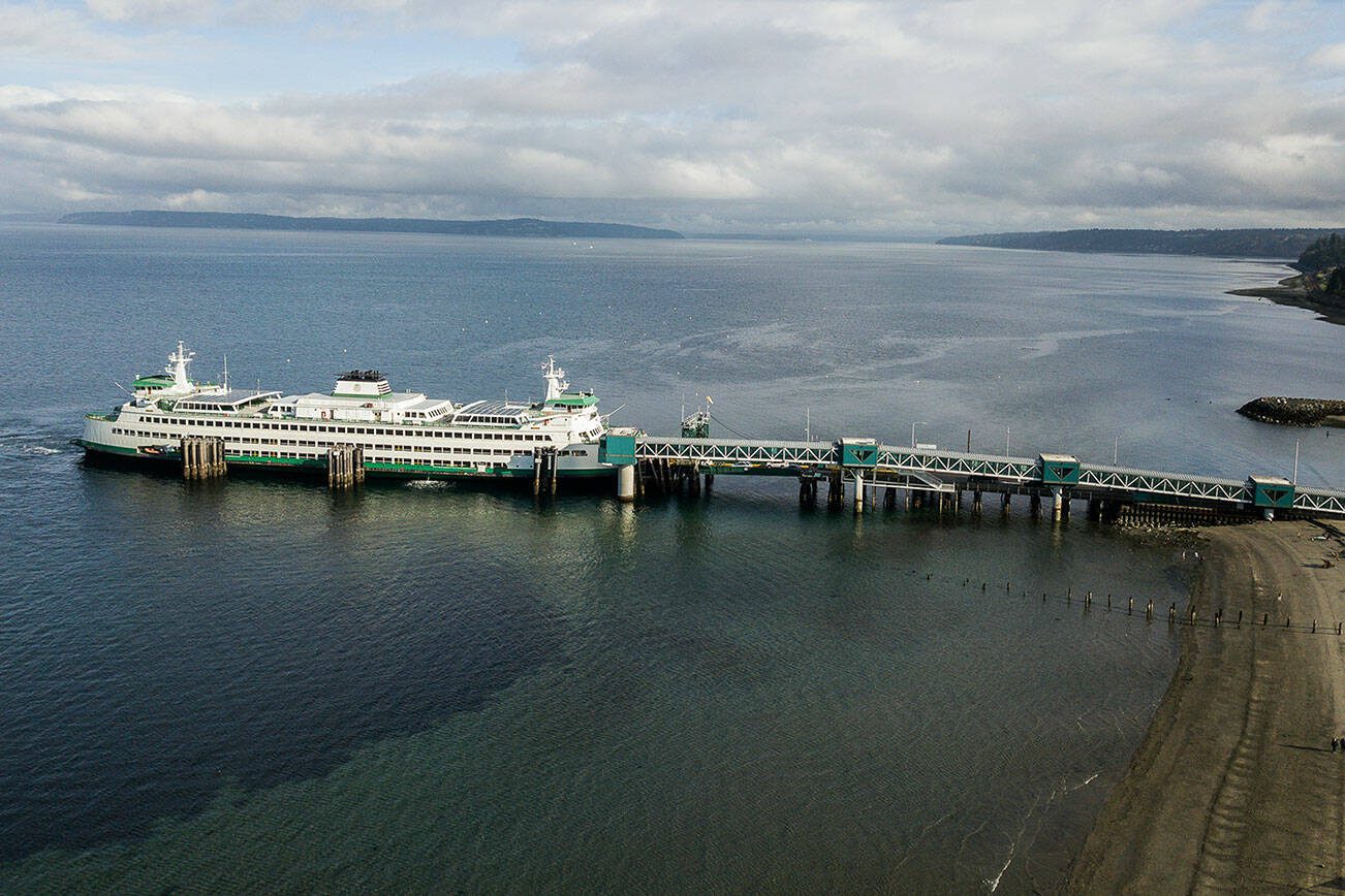 The M/V Puyallup docks at the Edmonds waterfront on Wednesday, Oct. 14, 2020 in Edmonds. The ferry along with the passenger loading walkway were struck by lightning last week. (Olivia Vanni / The Herald)