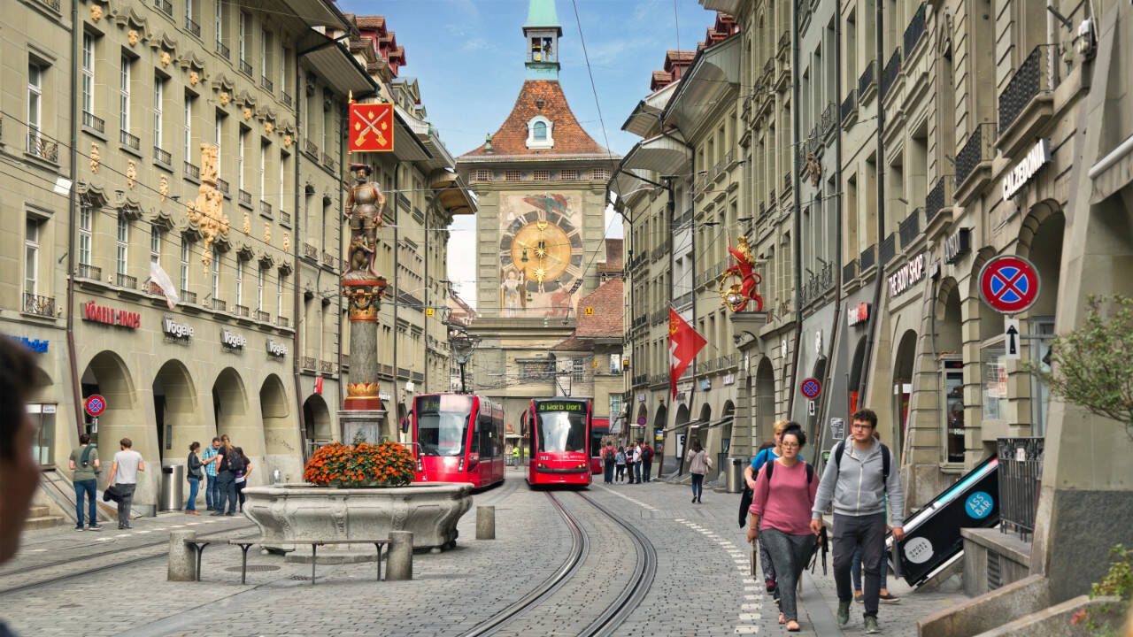 Bern’s famous clock tower, part of the original wall around the city, looms at the head of Marktgasse street. (Rick Steves’ Europe)