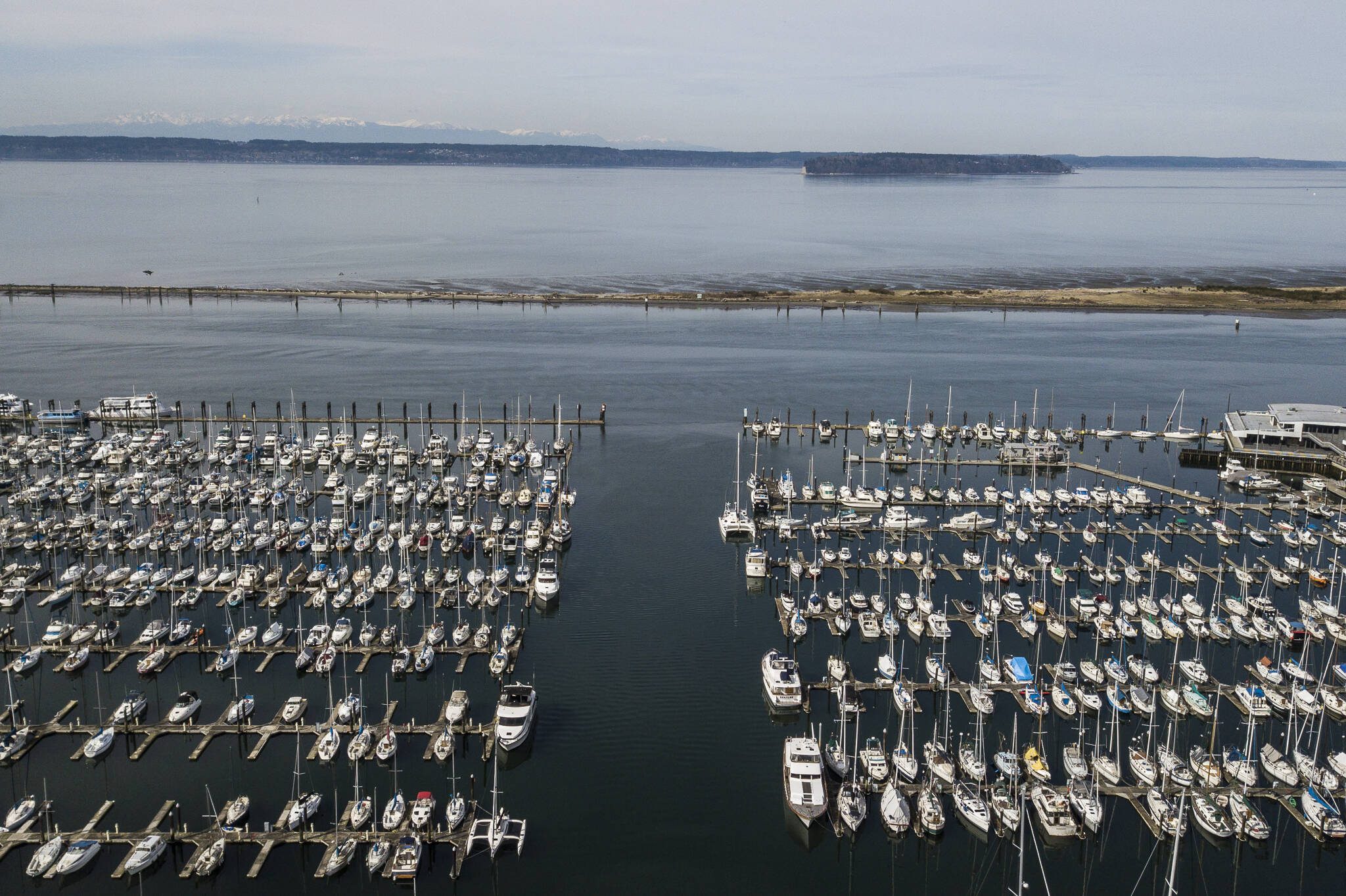 A view over the Port of Everett Marina looking toward the southern Whidbey Island fault zone in March 2021. (Olivia Vanni / The Herald)