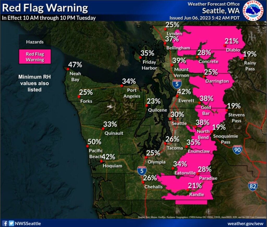 The Red Flag Warning has been expanded northward across the western Cascades through 10 PM this Tuesday due to continued dry conditions. (Photo provided by National Weather Service Seattle)
