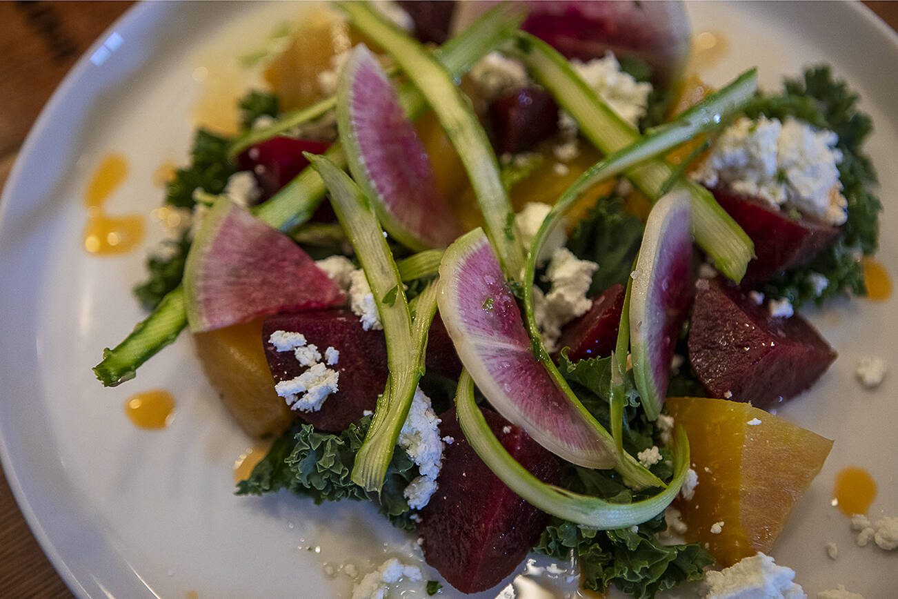 The Country Farm Salad with beet root, asparagus, radish, goat cheese and citrus vinaigrette at the Bush House Inn in Index, Washington on Monday, June 26, 2023. (Annie Barker / The Herald)