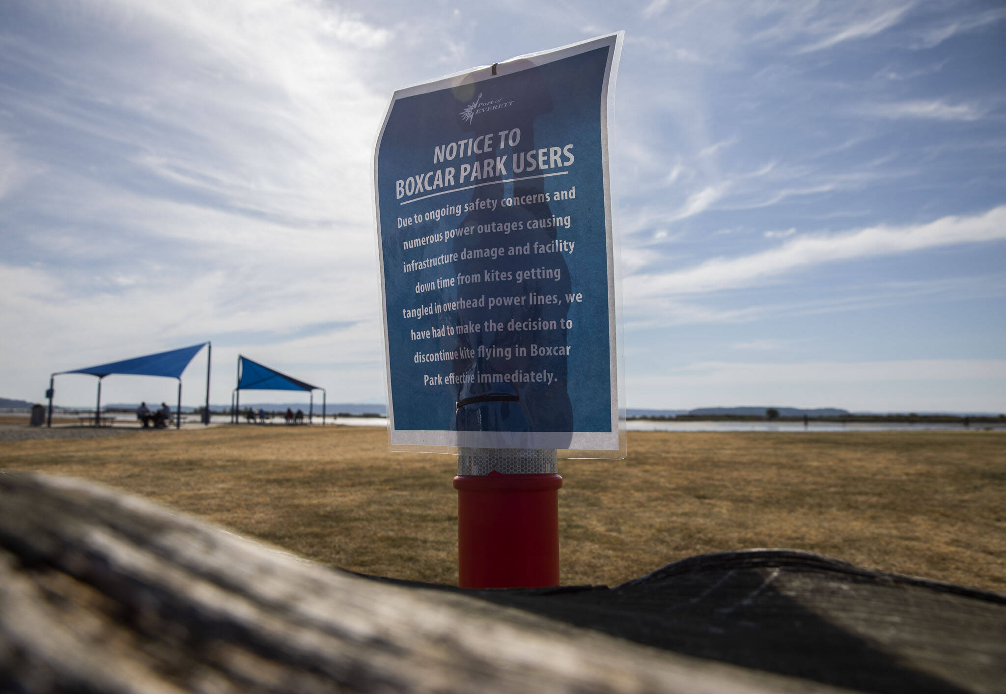 Multiple signs at Boxcar Park alert park users to a ban on kites at the park “effective immediately” on Wednesday, June 7, 2023 in Everett, Washington. (Olivia Vanni / The Herald)