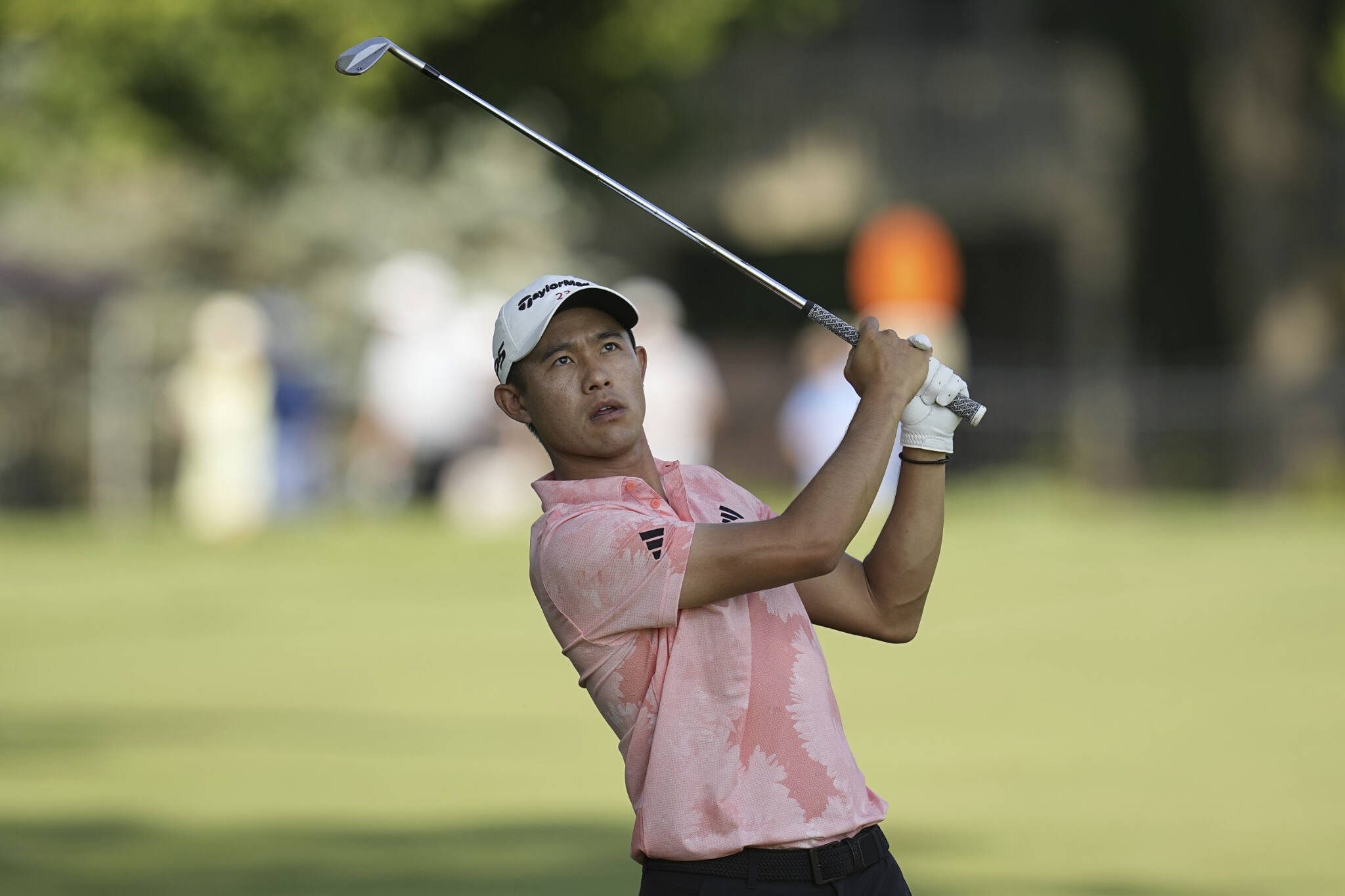 Collin Morikawa hits to the 13th green during the first round of The Memorial on June 1 in Dublin, Ohio. (AP Photo/Darron Cummings)