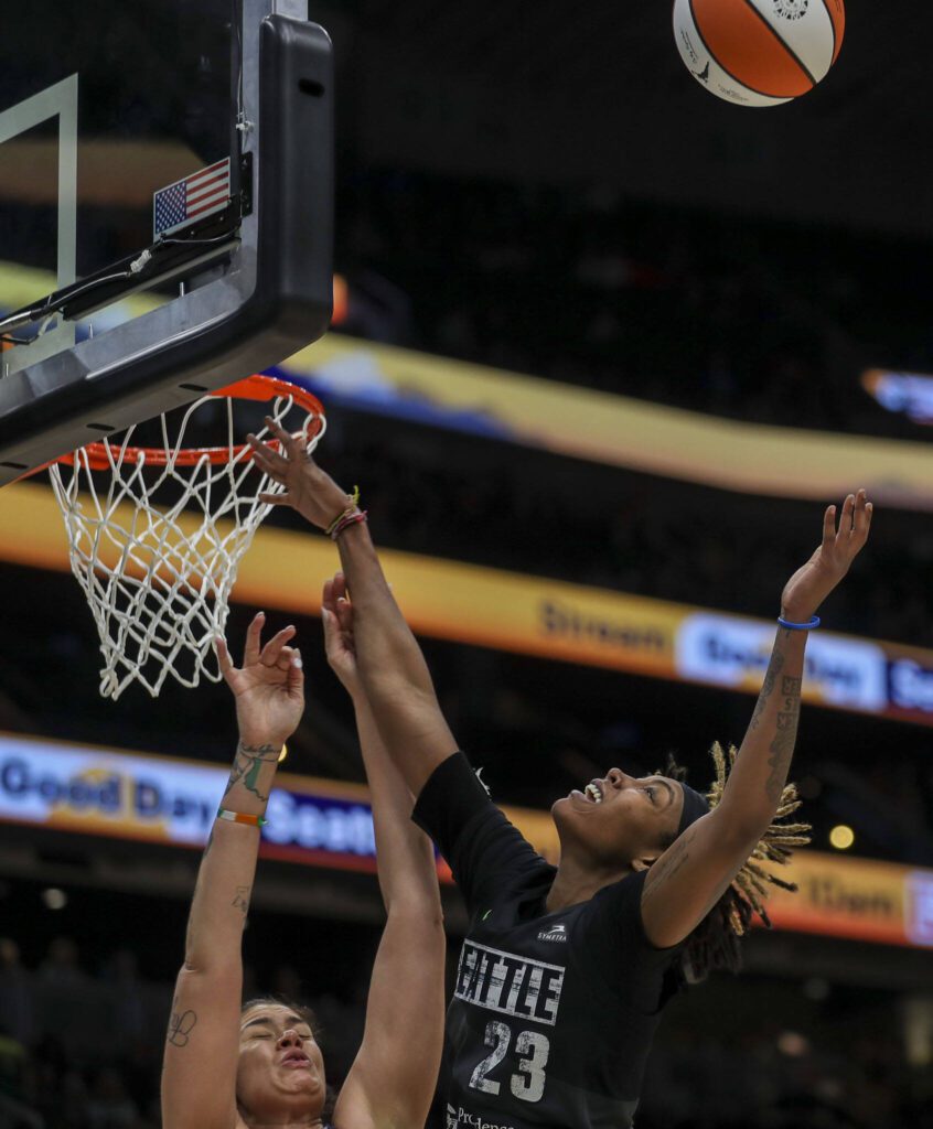 Seattle Storm’s Jordan Horston (23) shoots the ball during a WNBA basketball game in Seattle, Washington on Sunday, June 11, 2023. The Storm fell, 71-65. (Annie Barker / The Herald)
