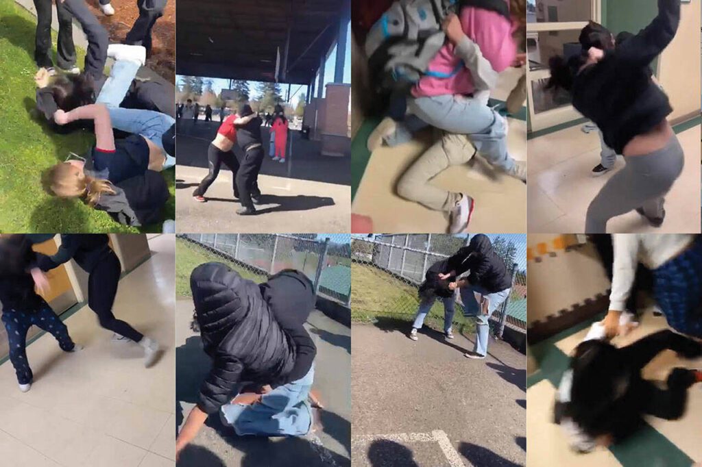 A collection of screenshots taken from Evergreen Middle School fight videos posted to social media.
