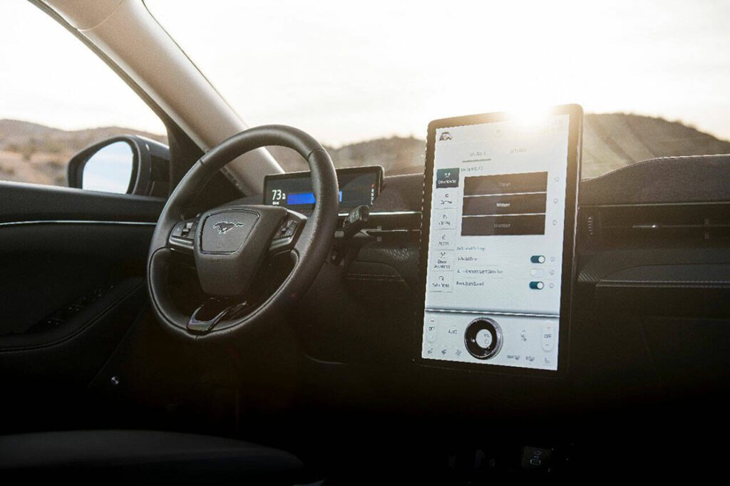 A large 15.5-inch vertically-mounted touchscreen is the centerpiece of the 2023 Ford Mustang Mach-E interior. (Ford)
