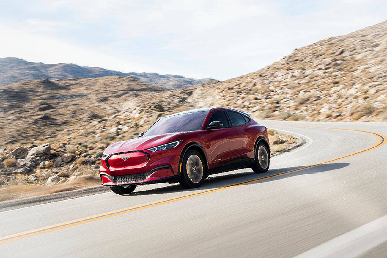 The 2023 Ford Mustang Mach-E electric SUV has driving ranges from 260 miles to 312 miles. (Ford)