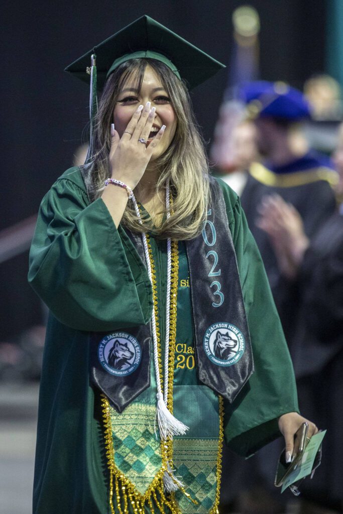Scenes from the Jackson High School graduation ceremony at Angel of the Winds in Everett, Washington on Saturday, June 17, 2023. (Annie Barker / The Herald)
