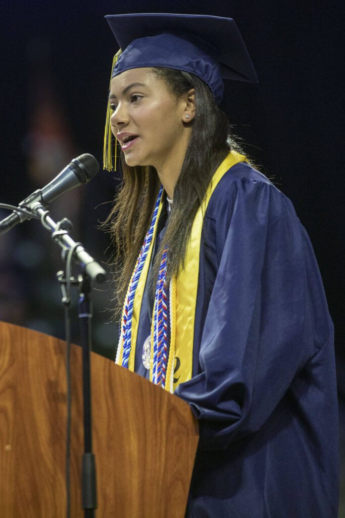 Class Speaker Madison McNeal-Martinis gives a speech during the Everett High School graduation ceremony at Angel of the Winds in Everett, Washington on Saturday, June 17, 2023. (Annie Barker / The Herald)
