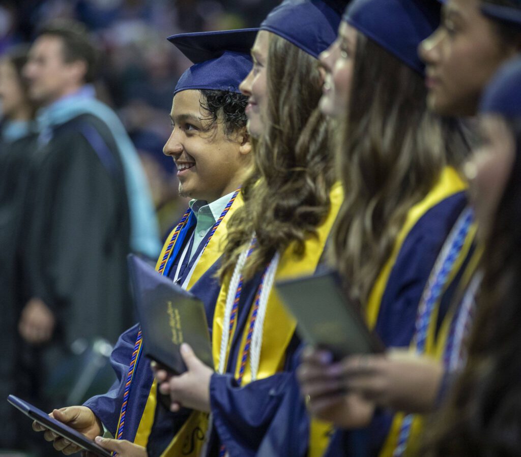 Scenes from the Everett High School graduation ceremony at Angel of the Winds in Everett, Washington on Saturday, June 17, 2023. (Annie Barker / The Herald)
