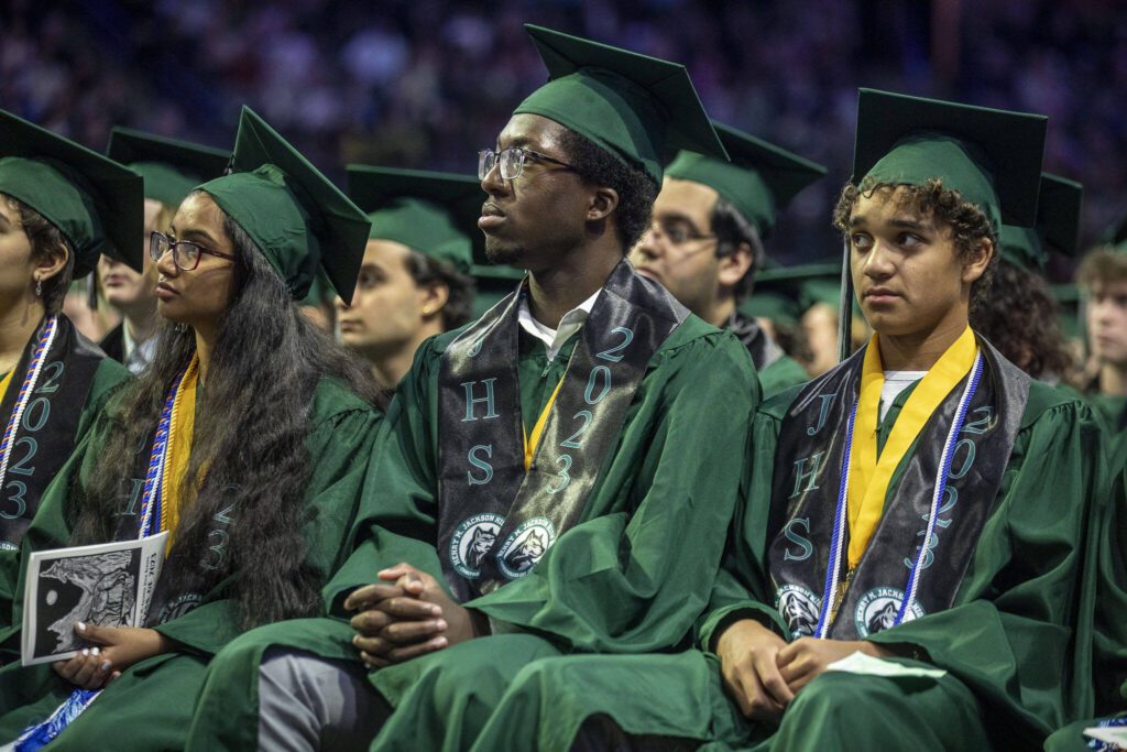 Scenes from the Jackson High School graduation ceremony at Angel of the Winds in Everett, Washington on Saturday, June 17, 2023. (Annie Barker / The Herald)
