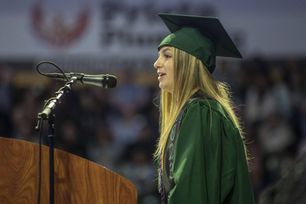 Class Speaker Sophia Dickert gives a speech during a Jackson High School graduation ceremony at Angel of the Winds in Everett, Washington on Saturday, June 17, 2023. (Annie Barker / The Herald)
