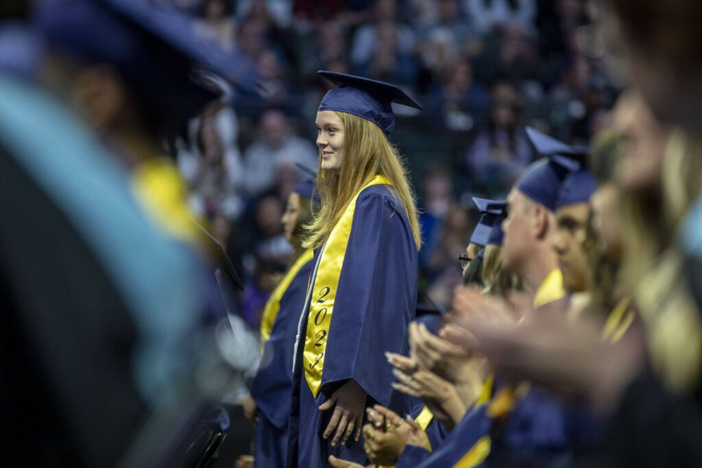 Scenes from the Everett High School graduation ceremony at Angel of the Winds in Everett, Washington on Saturday, June 17, 2023. (Annie Barker / The Herald)
