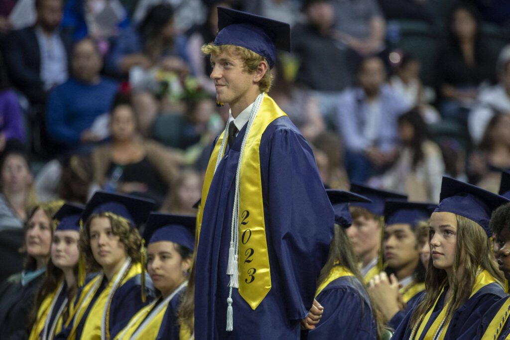 Derek Olson is recognized for the Superintendent’s Scholar award during the Everett High School graduation ceremony at Angel of the Winds in Everett, Washington on Saturday, June 17, 2023. (Annie Barker / The Herald)
