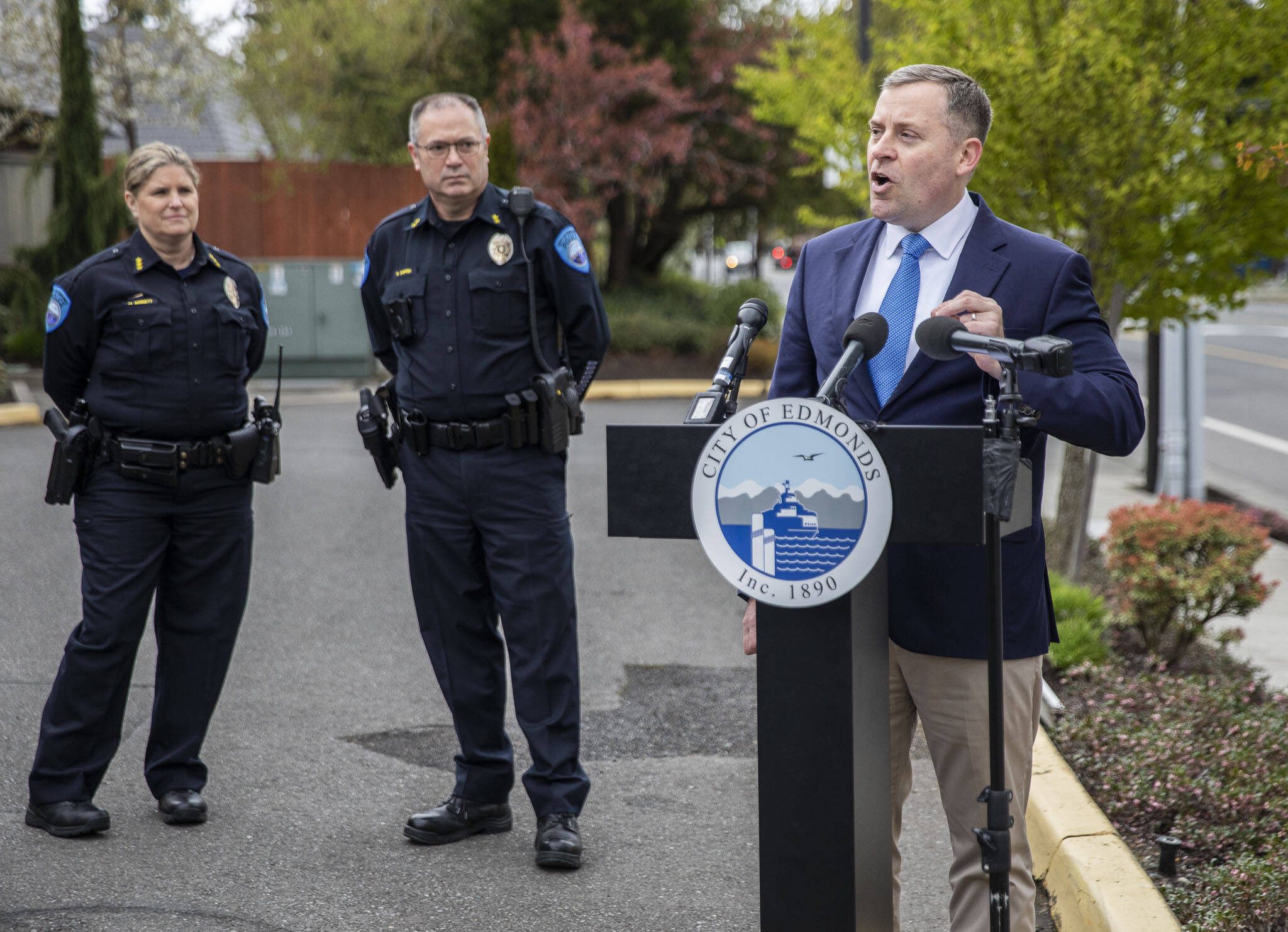 Edmonds Mayor Mike Nelson speaks during a press briefing on Tuesday, April 25, 2023, in Edmonds, Washington. (Olivia Vanni / The Herald)
