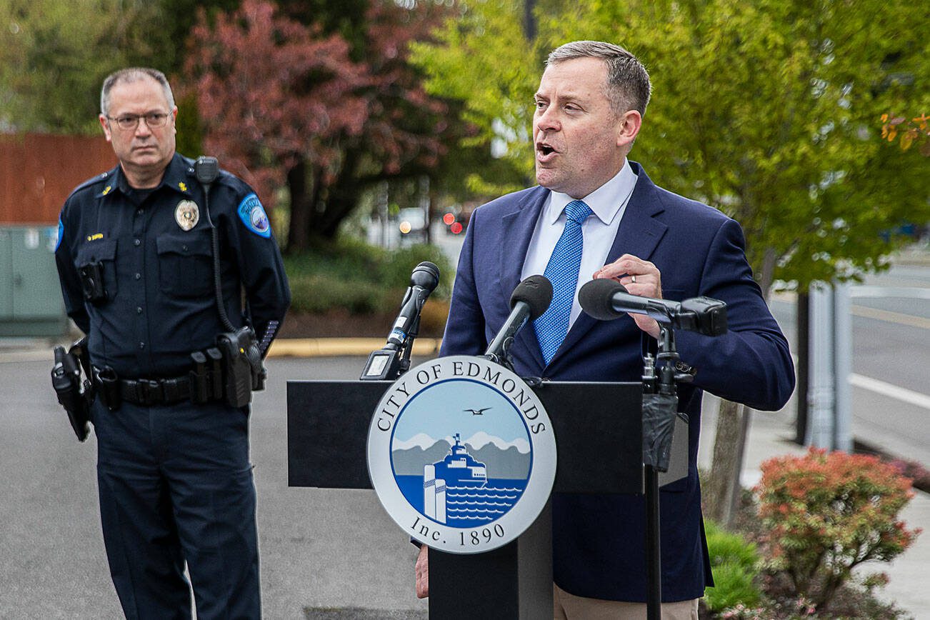Edmonds Mayor Mike Nelson speaks during a press briefing held in response to two violent incidents that happened during the past week on Tuesday, April 25, 2023, in Edmonds, Washington. (Olivia Vanni / The Herald)