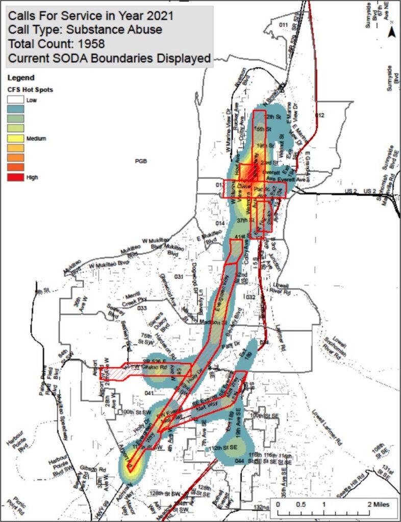 This graphic depicts 1958 total calls, both by officers and 9- 1-1 complaints, coded “substance” in 2021. The Everett Police Department has asked the City Council to keep its nine Stay Out of Drug Areas, zones where people arrested for drug crimes are not allowed. (City of Everett)
