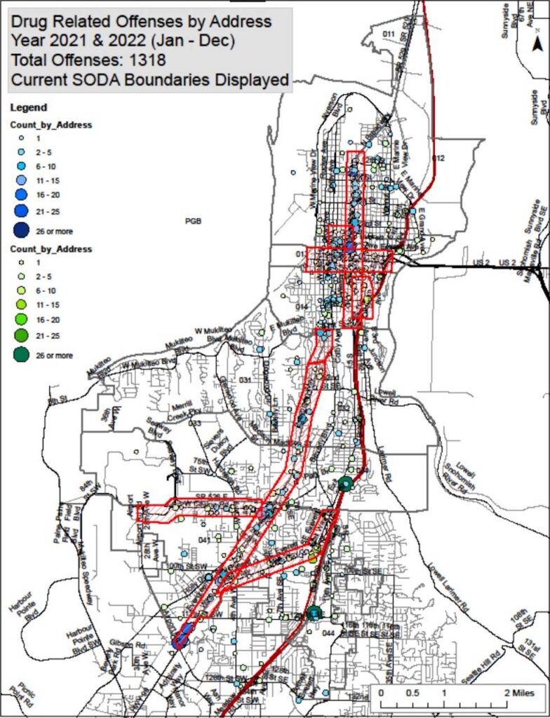 This graphic depicts drug related offenses and overlays both 2021 and 2022. “Offenses” include instances where arrests were made as well as instances where case reports documenting drug related activity were written but no criminal charges were pursued. The Everett Police Department has asked the City Council to keep its nine Stay Out of Drug Areas, zones where people arrested for drug crimes are not allowed. (City of Everett)
