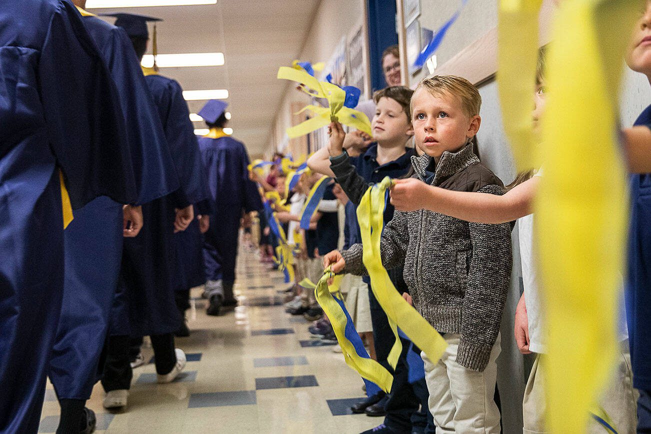 Trenton Sankey, 6, looks up at Everett High School graduates as they walk down the hall of Whittier Elementary School on Friday, June 16, 2023 in Everett, Washington. (Olivia Vanni / The Herald)