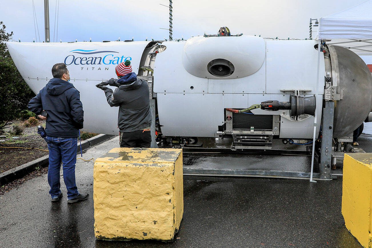 The OceanGate submersible that explored the Titanic was on view at the Port of Everett in December. (Kevin Clark / The Herald)